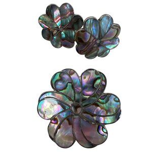 VTG Alpaca Mexico 925 Silver Abalone Floral Clip Earring & Brooch or Pendant Set